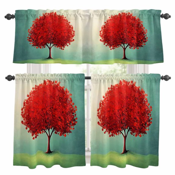 Red Tree Kitchen Curtains Sets for Windows 24 Inch Length, Green Grass Gradient Blue Sky Landscape Rod Pocket Window Treatments Tier Curtains and Valances Set for Bedroom/Bathroom