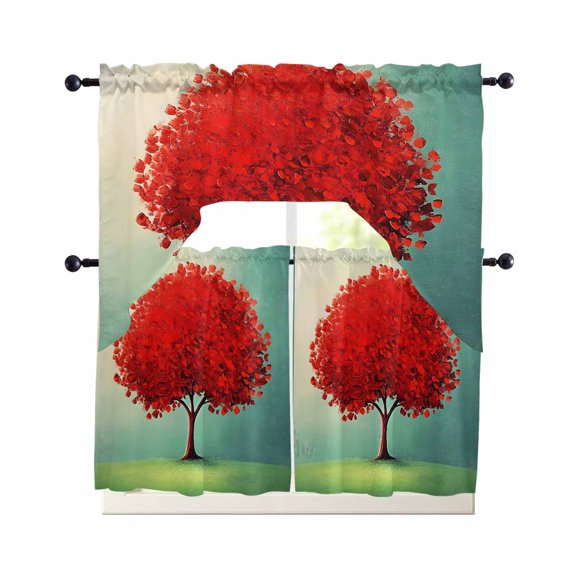 Red Tree Kitchen Curtains Swag Valance and Tier Curtains Set 24 Inch Length, Green Grass Gradient Blue Sky Landscape Rod Pocket Drape Panels Pair Swag Curtain for Bathroom/Cafe/Window