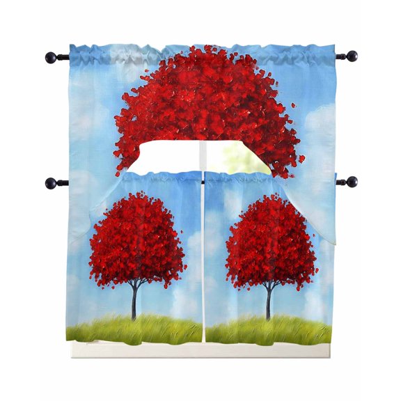 Red Tree Kitchen Curtains Swag Valance and Tier Curtains Set 36 Inch Length, Spring Grass Blue Sky Retro Landscape Rod Pocket Drape Panels Pair Swag Curtain for Bathroom/Cafe/Window