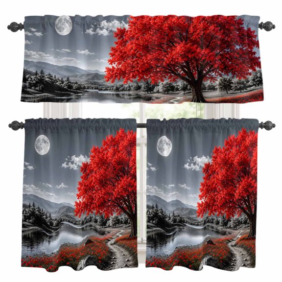 Red Tree Kitchen Curtains Valances 3 Piece Set, Romantic Fall Rustic Moon Gray Sky Flower Path Countryside Rod Pocket Tier Curtain and Valance Drapes for Small Window 36 Inch Length for Bedroom Cafe