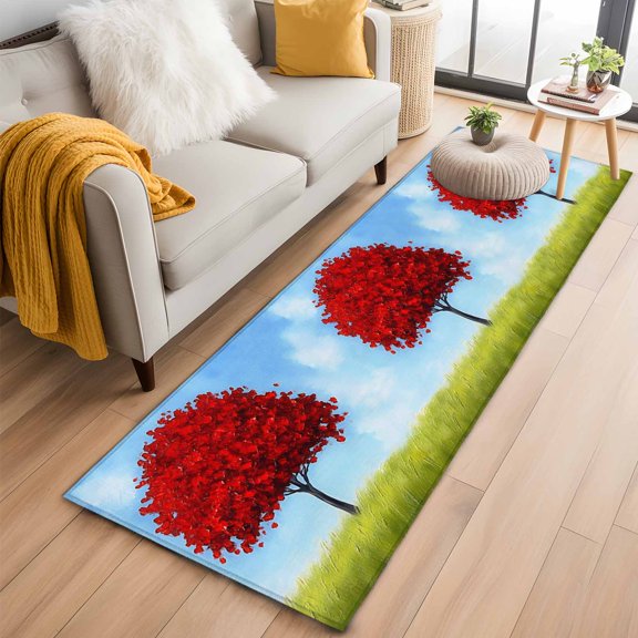 Red Tree Kitchen Runner Rug 2x6 Washable Runners for Hallway Non Slip Spring Grass Blue Sky Retro Landscape Large Area Rug Indoor Floor Carpet for Bathroom Laundry Entryway Bedroom Living Room
