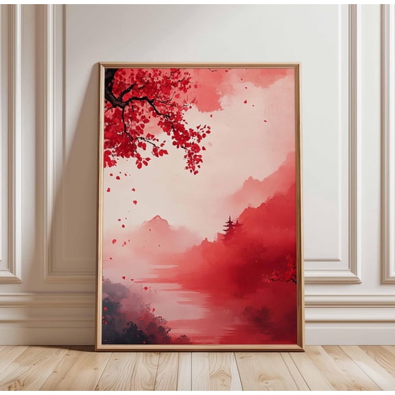 Red Tree Landscape Asian Autumn Japanese Inspired Abstract Art Unframed Paper Print