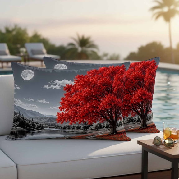 Red Tree Outdoor Waterproof Throw Pillow Covers Set of 2, 20"x12", Romantic Fall Rustic Moon Gray Sky Flower Path Countryside Decorative Pillow Covers Outside Cushion Case for Patio Porch Garden