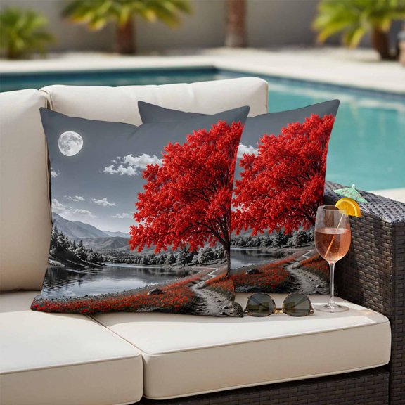 Red Tree Outdoor Waterproof Throw Pillow Covers Set of 2, 24"x24", Romantic Fall Rustic Moon Gray Sky Flower Path Countryside Decorative Pillow Covers Outside Cushion Case for Patio Porch Garden