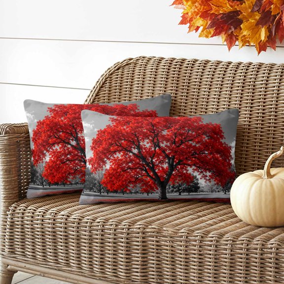 Red Tree Pillow Covers 2 Pack Romantic Fall Rustic Gray Meadow Grass Countryside Pillowcase Waterproof Outdoor Throw Pillow Cover for Patio Garden Balcony Decorative Square Cushion 20"x12"