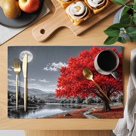 Red Tree Placemats Set of 2, Romantic Fall Rustic Moon Gray Sky Flower Path Countryside Heat Insulated Linen Place Mats, Washable Stain-Proof Table Mats for Dining Tables Holiday Decor 13x19 Inches