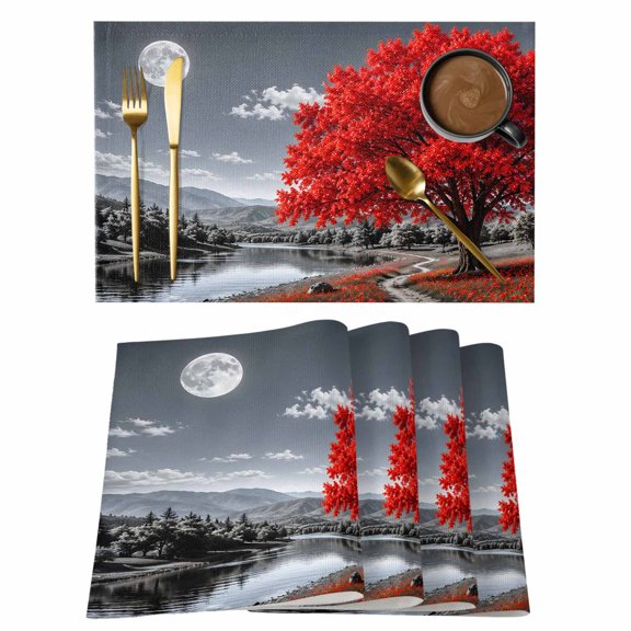 Red Tree Placemats Set of 2, Romantic Fall Rustic Moon Gray Sky Flower Path Countryside Non-Slip Place Mats Washable Table Mats for Kitchen Dining Table Decorations Indoor/Outdoor