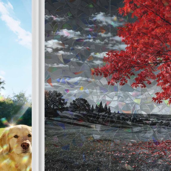Red Tree Rainbow Window Privacy Film, Romantic Fall Rustic Moon Gray Sky Field Countryside Stained Glass Window Film, Sun Blocking Glass Clings Non Adhesive Door Stickers 17.7 x 39.3 Inches