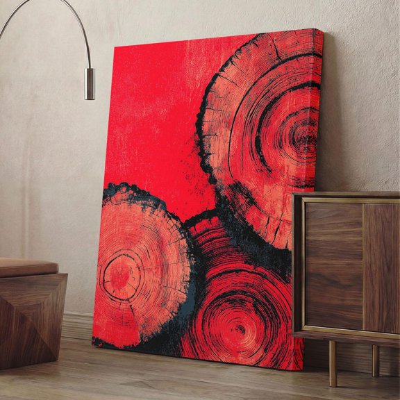 Red Tree Ring Industrial Wood Texture Black And Grunge Decor Rustic Log Cross Section Abstract Wall Art Print
