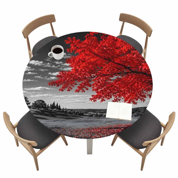 Red Tree Round Fitted Table Cover Romantic Fall Rustic Moon Gray Sky Field Countryside Waterproof Table Cloth with Elastic Edge Wipeable Tablecloth for Picnic Camping Party Fits 55"-60" Tables