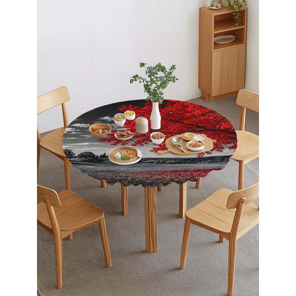 Red Tree Round Fitted Tablecloth with Elastic Edge, Romantic Fall Rustic Moon Gray Sky Field Countryside Waterproof Stretch Table Covers for 45"-54" Tables Wipeable Table Cloth for Outdoor