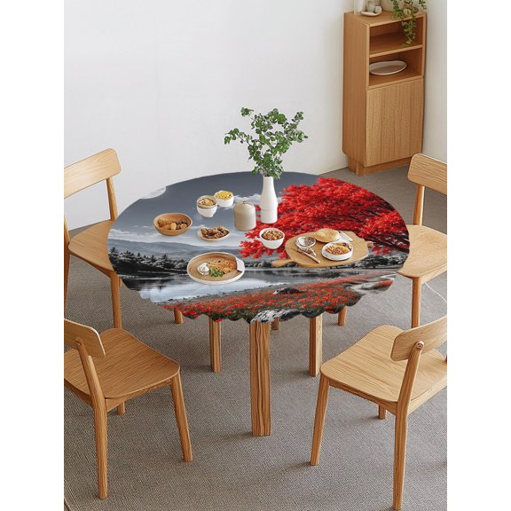 Red Tree Round Fitted Tablecloth with Elastic Edge, Romantic Fall Rustic Moon Gray Sky Flower Path Countryside Waterproof Stretch Table Covers for 45"-54" Tables Wipeable Table Cloth for Outdoor
