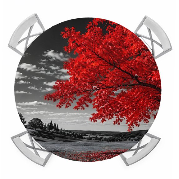 Red Tree Round Table Cover, Romantic Fall Rustic Moon Gray Sky Field Countryside Waterproof Fitted Tablecloths for 45"-54" Tables, Washable Picnic Table Cover for Camping Dining Indoor Outdoor