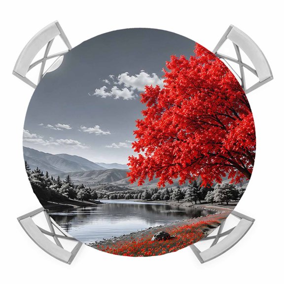Red Tree Round Table Cover, Romantic Fall Rustic Moon Gray Sky Flower Path Countryside Waterproof Fitted Tablecloths for 36"-44" Tables, Washable Picnic Table Cover for Camping Dining Indoor Outdoor
