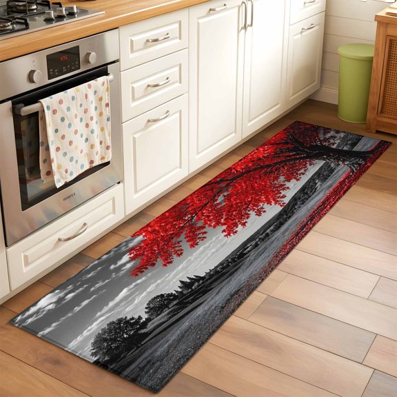 Red Tree Runner Rug Non Slip 2x6 Romantic Fall Rustic Moon Gray Sky Field Countryside Washable Rug Runner for Hallways Low Pile Kitchen Rugs Stain Resist Carpet for Bathroom Bedroom Entryway