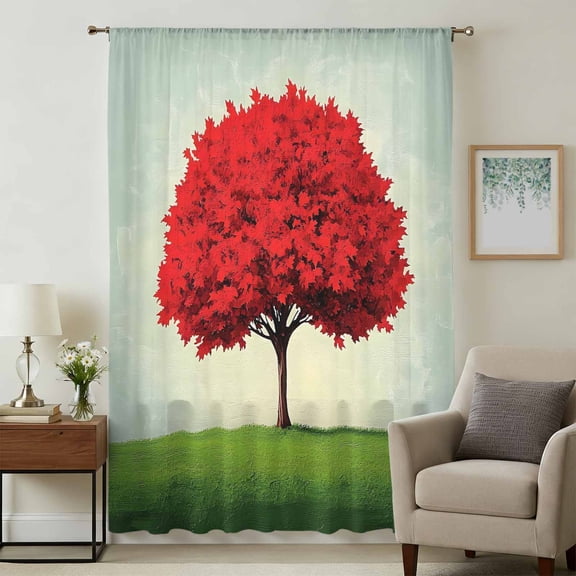Red Tree Sheer Curtains 45 Inches Long, Green Grass Gradient Sky Watercolor Light Filering Curtains, Breathable Simi Curtain Privacy Drapes for Kitchen Bathroom Lightweight Small Window Treatment