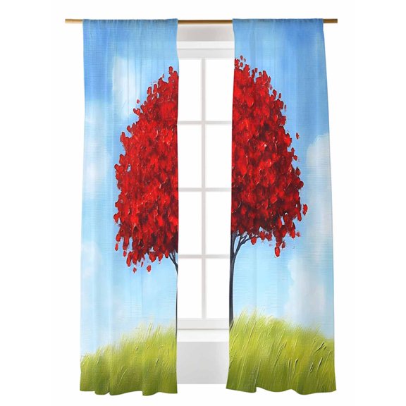 Red Tree Sheer Curtains 84 Inch Long 2 Panels, Sky Grass Cloud Scenery Light Filtering Rod Pocket Semi Sheer Curtains, Sheer Voile Drapes for Living Room Bedroom, 52"x84"
