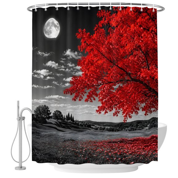 Red Tree Shower Curtain for Bathroom, Romantic Fall Rustic Moon Gray Sky Field Countryside Waterproof Cloth Fabric Bathroom Accessories Set with 9 Rust Proof Plastic Hooks, 36"x78"