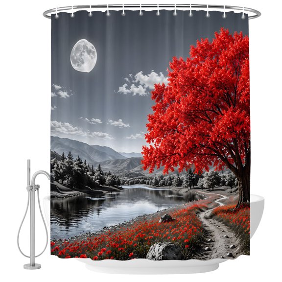 Red Tree Shower Curtain for Bathroom, Romantic Fall Rustic Moon Gray Sky Flower Path Countryside Waterproof Cloth Fabric Bathroom Accessories Set with 12 Rust Proof Plastic Hooks, 72"x84"