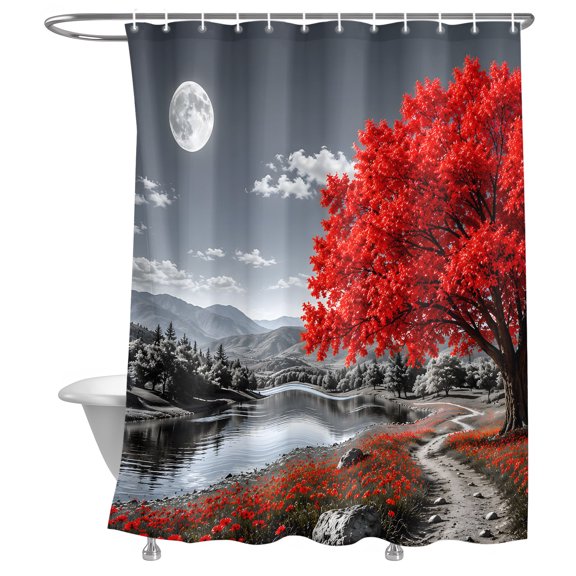 Red Tree Shower Curtain, Romantic Fall Rustic Moon Gray Sky Flower Path Countryside Lightweight Waterproof Fabric Shower Curtain with Rustproof Grommets for Bathroom Bathtub 72x78in