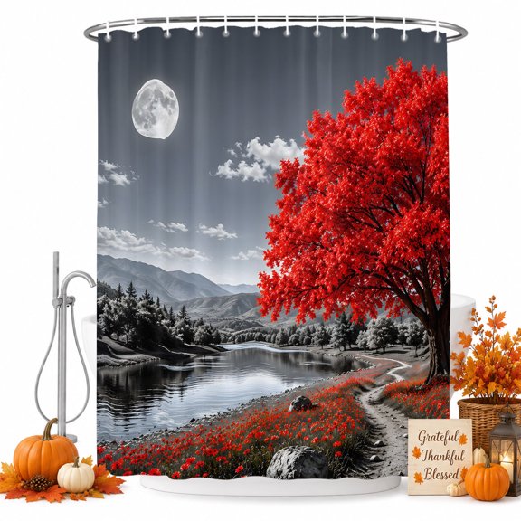 Red Tree Shower Curtain Set with Hooks, Romantic Fall Rustic Moon Gray Sky Flower Path Countryside Sturdy Water Repellent Shower Curtains for Bathroom Bathtub, Machine Washable 72x96 Inch