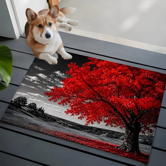Red Tree Small Area Rugs 2x3 Romantic Fall Rustic Moon Gray Sky Field Countryside Entryway Rugs Washable Door Mat, Low-Profile Area Rugs Non Slip Floor Carpet for Living Room Bedroom Home Office