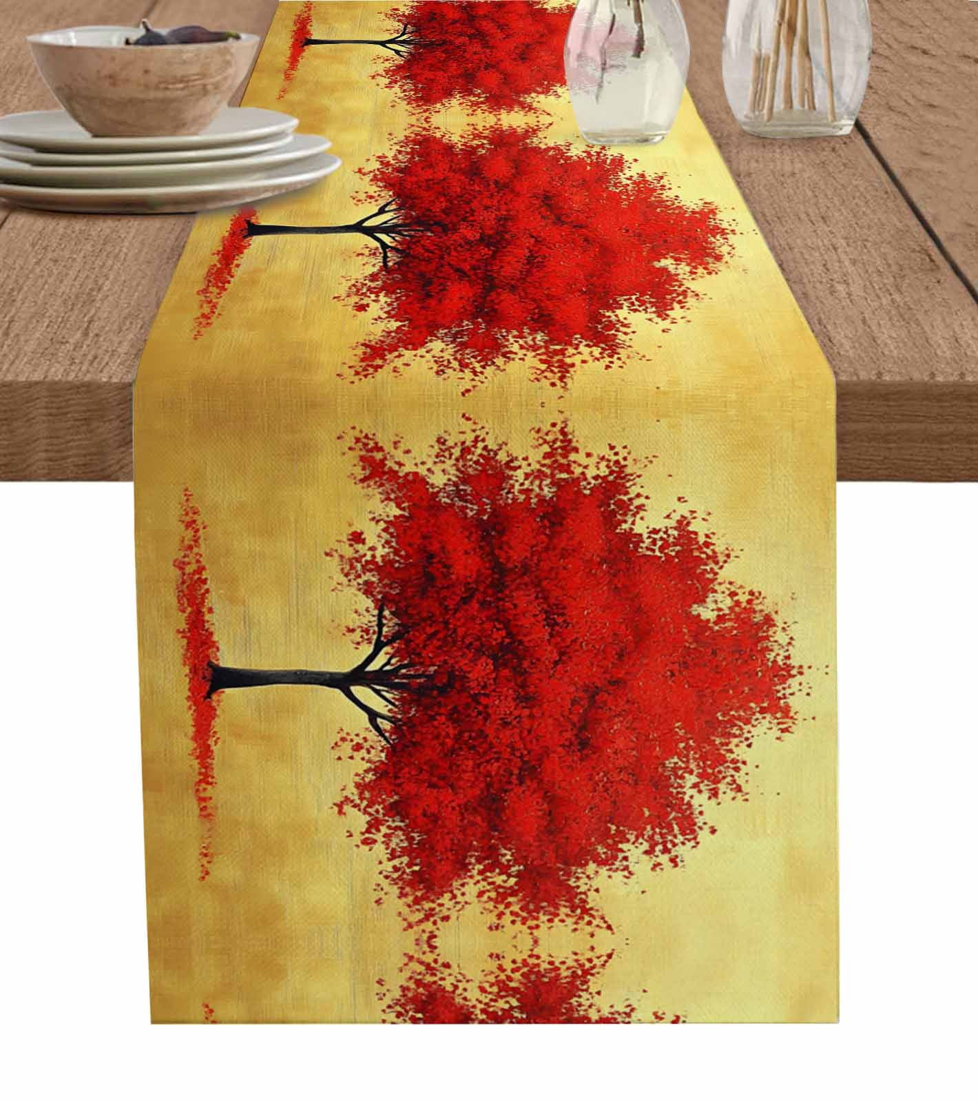 Red Tree Table Runner 90 Inches, Autumn Leaves Retro Watercolor ...