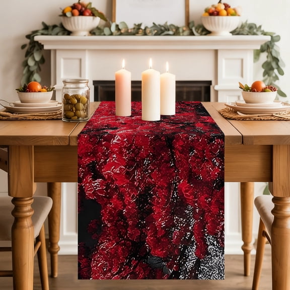 Red Tree Table Runner, Full Moon Black White Night Lake Landscape Washable Cotton-linen Table Runners Dining Kitchen Decoration for Everyday Home Wedding Party Decor, 13 x 36 Inch