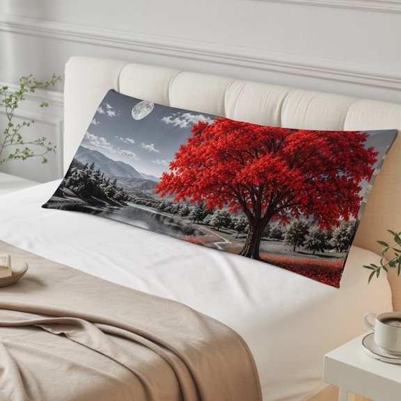 Red Tree Throw Pillow Covers, Romantic Fall Rustic Moon Gray Sky Flower Path Countryside Decorative Lumbar Throw Pillowcase Cushion Cover with Smooth Hidden Zipper for Bedroom Sofa 20 x 60 Inches