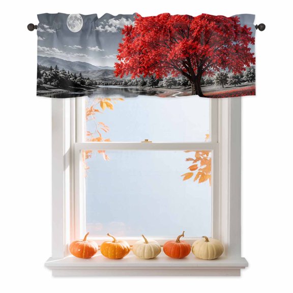 Red Tree Valances for Windows, Romantic Fall Rustic Moon Gray Sky Flower Path Countryside Rod Pocket Valance Short Window Treatments Curtains for Kitchen Bathroom Bedroom Decor, 54 x 18 Inches