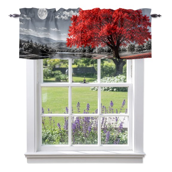 Red Tree Valances for Windows, Romantic Fall Rustic Moon Gray Sky Flower Path Countryside Valance Window Treatment Rod Pocket Short Curtains Valances for Kitchen Bathroom 42"W x 12"L