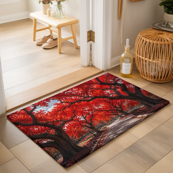Red Tree Washable Small Entryway Area Rugs 2'x3', Romantic Fall Rustic Path Park Fence Countryside Washable Throw Rug Non-Slip Sturdy Edge Binding Carpet for Front Door Floor Room Entry
