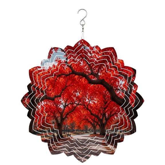 Red Tree Wind Spinner for Garden Yard 8In, Romantic Fall Rustic Path Park Fence Countryside 3D Stainless Steel Kinetic Hanging Wind Spinners Rustproof Outdoor Decor for Lawn Patio Home