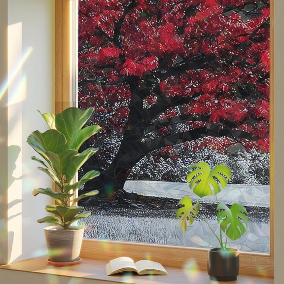 Red Tree Window Privacy Film, Full Moon Black White Night Lake Landscape Stained Glass Rainbow Film Decorative Window Clings, Static Cling Sun Blocking Stickers 17.7" x 39.3"