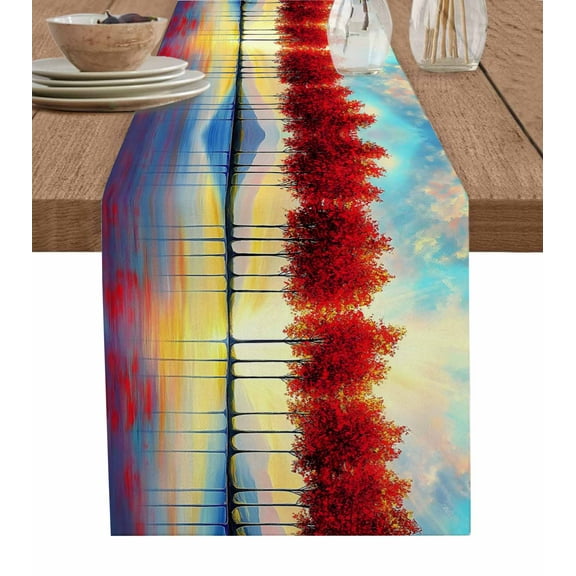 Red Trees Burlap Cotton Table Runner 13x36 Inches Short, Orange Blue Sunrise Reflection Retro Art Farmhouse Table Runners, Outdoor Dining Tablecloths Decor for Baby Shower/Party/Wedding