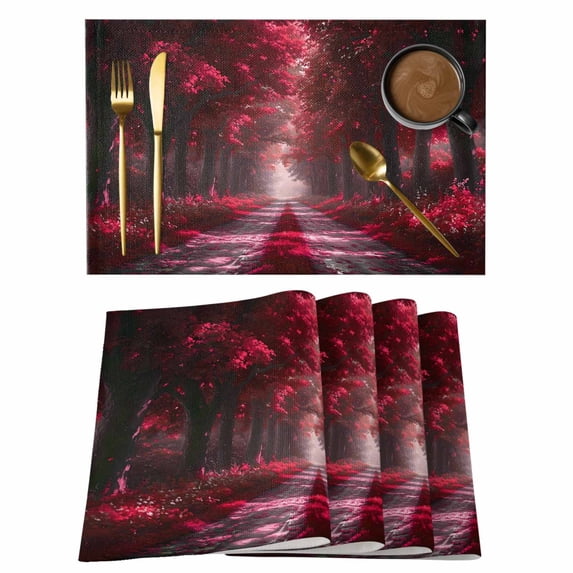 Red Trees Placemats Set of 8 Forest Art Decor Spring Summer Nature Leaf Place Mats Indoor Wipeable Table Mats Washable Cloth Dining Table Placemats for Kitchen Holiday Party Home Decor 13x19 Inch