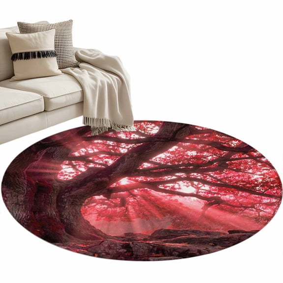 Red Trees Round Rug 3ft Washable Circle Entryway Rugs Non Slip Country Forest Branches Nature Light View Area Rug Indoor Floor Carpet for Bedroom Kitchen Living Room Home Office Dining Room Nursery