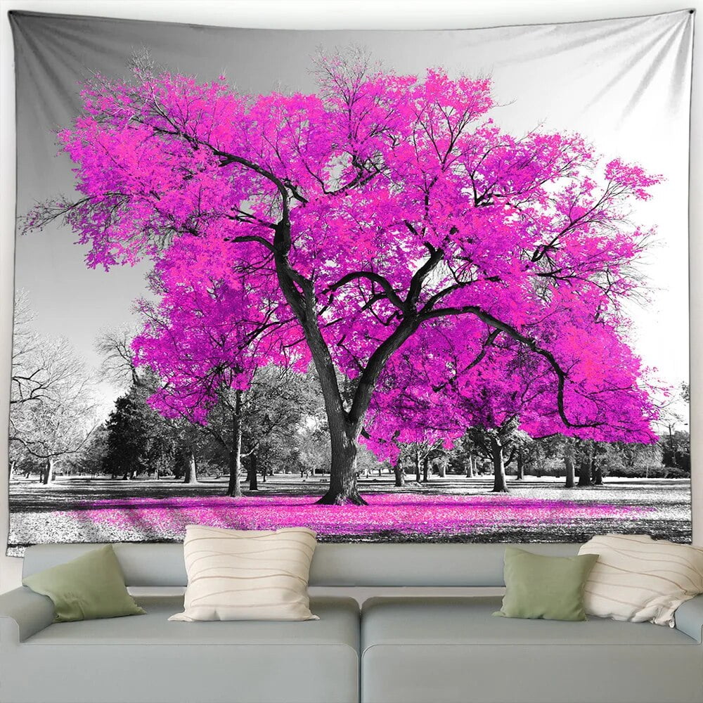 Red Trees Tapestry Black and White Art Forest Landscape Garden Wall