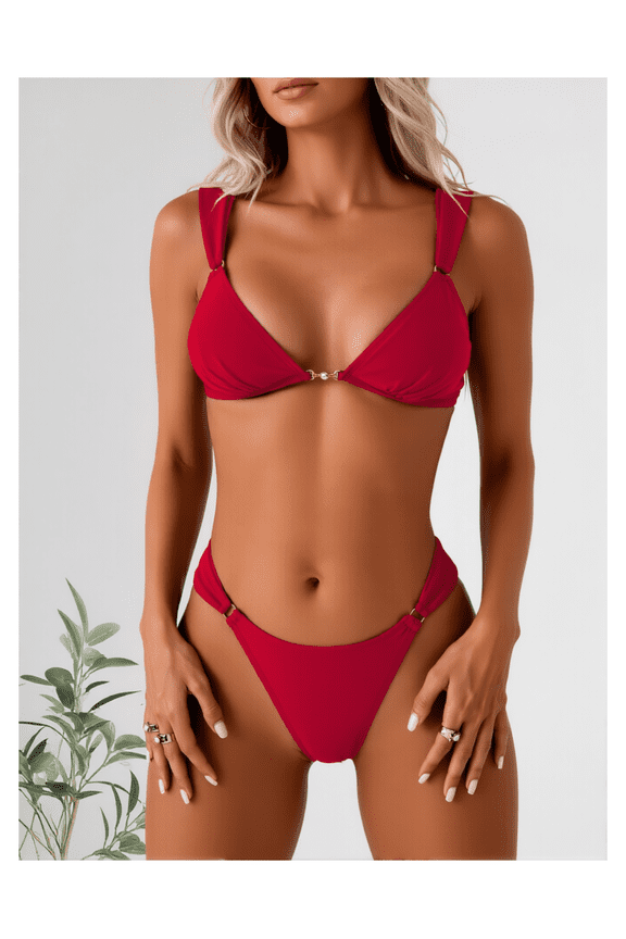 Red Triangle Bikini Set - Gold Accent Adjustable Strap Swimsuit for Women; Sexy Two Piece Swimwear; Padded Bathing Suit; Summer Beach Pool Vacation Outfits