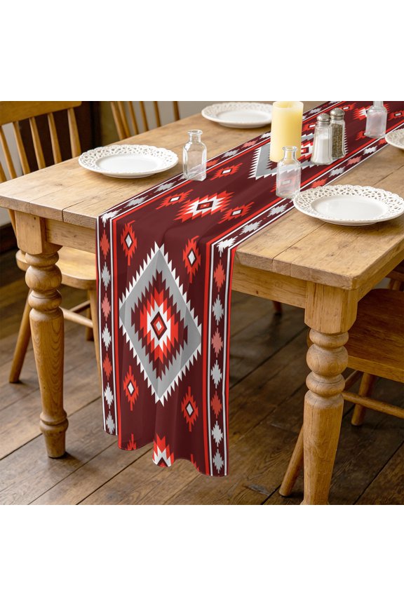 Red Tribal Geometric 4.5ft Cheesecloth Table Runner for Dining 19"x55", Bohemian Vintage Native Abstract Kitchen Dinner Sheer Tulle Chiffon Dresser Scarf, Holiday Party Decorations