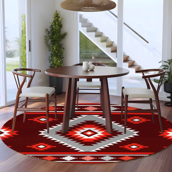 Red Tribal Geometric 5ft Round Rug for Dining Table for 4 People Under Table Placement, Bohemian Vintage Native Abstract Washable Non Slip Circle Area Rug
