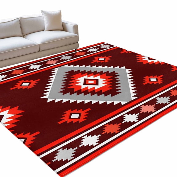 Red Tribal Geometric Area Rugs 2.7x5ft Bohemian Vintage Native Abstract Washable Rug, Non Slip Indoor Carpet Absorbent Floor Mat for Living Room Bedroom Dining Room