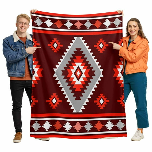 Red Tribal Geometric Flannel Blanket for Bed,Travel and Camping, Bohemian Vintage Native Abstract Super Soft Cozy Blanket for All Seasons 30"x40"