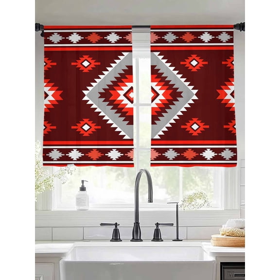 Red Tribal Geometric Sheer Curtains 45 Inches Long 2 Panels Bohemian Vintage Native Abstract Light Filtering Semi Sheer Window Curtains Drapes for Bedroom Living Room 52"x45"