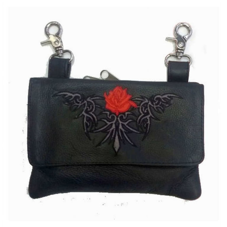 Leather Bound Red Tribal Rose Embroidered Black Leather Motorcycle Hip Bag Purse Women s Size One Size