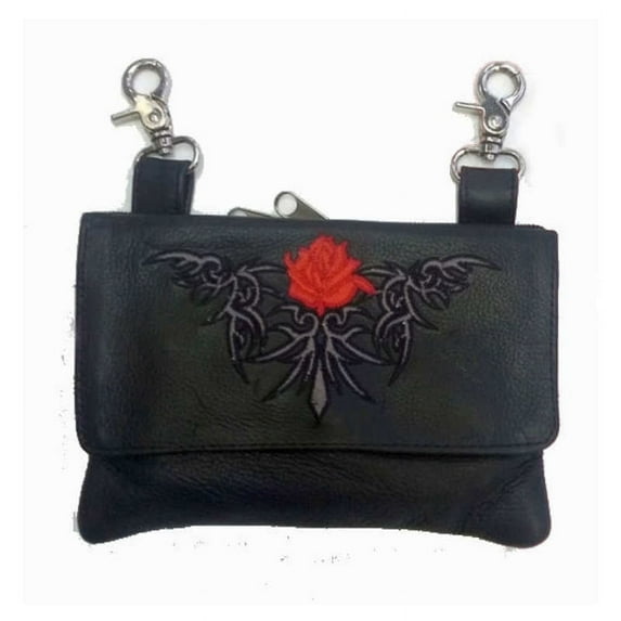 Red Tribal Rose Embroidered Black Leather Motorcycle Hip Bag Purse