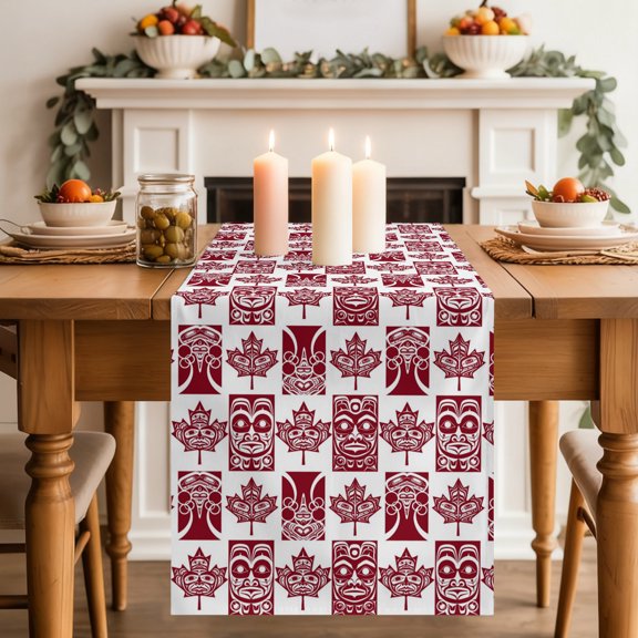 Red Tribal Totem Dining Table Runner, Abstract Bohemian Ethnic Maple Leaf Geometric Plaid Washable Table Runners Kitchen Coffee Table Center Decor for Home Party Holiday Wedding 18 x 72 Inches