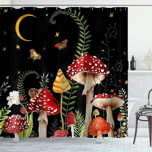 Red Trippy Mushroom Shower Curtain, Fantasy Plant Floral Botanical Green Leaves Boho Moon Stars Snail Butterfly Ladybug Aesthetic Bathroom Decor, Waterproof Fabric Shower Curtain, 72 X 72 Inch
