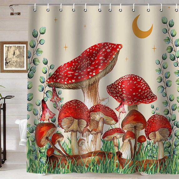 Red Trippy Mushroom Shower Curtain, Watercolor Fantasy Plant Botanical Green Eucalyptus Leaves Boho Crescent Moon Stars Aesthetic Bathroom Decor, Waterproof Fabric Shower Curtain, 72 X 72 Inch