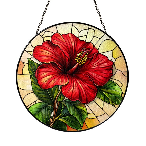 Red Tropical Floral Stained Glass Style Round Window Hanging Art